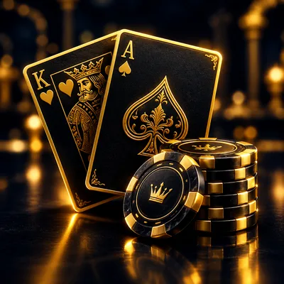 Golden playing cards and stacked casino chips for table games