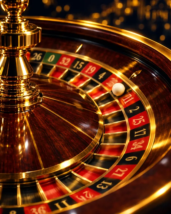 European live roulette wheel with spinning ivory ball and golden rim