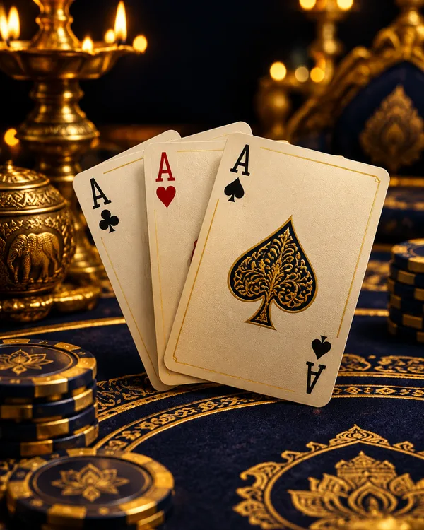 Indian Teen Patti three-card trail of aces on royal gold felt