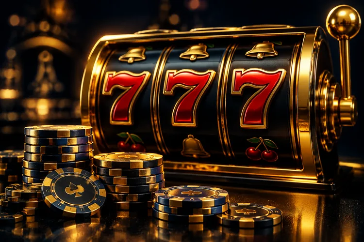 Close-up of glowing golden slot reels and bankroll management chips