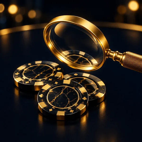 Golden magnifying glass over dark and gold casino chips for game search