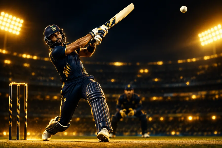 Cricket batsman hitting a lofted drive under floodlights for sports betting ID